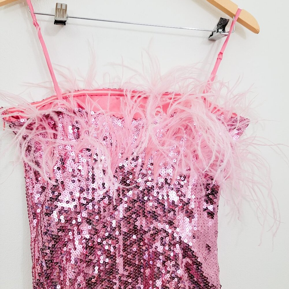 Anthropologie Audrey Adele Pink Feather Sequin Mini Dress Small - Picture 3 of 6